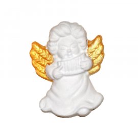 Aniołek ze złotymi skrzydłami fletnia gipsowa figurka 7 cm