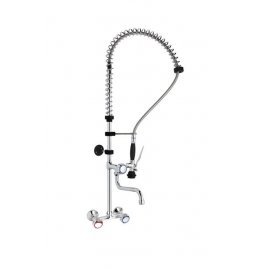 TWO HOLES PRE-RINSE UNIT WALL MOUNTED WITH SWINGING SPOUT IN THE MIDDLE OF METAL TUBE, ROUND HAND... 