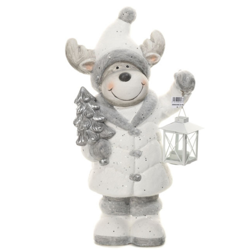 Ceramiczna figurka Biały Renifer z latarnią i choinką