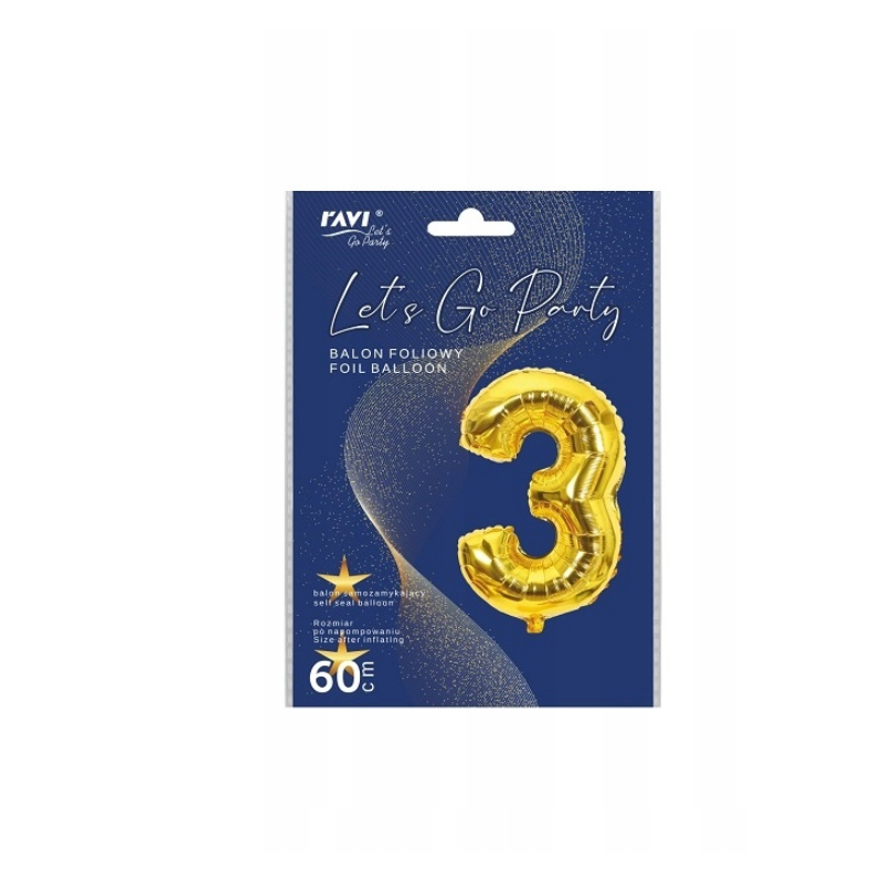 BALON FOLIOWY CYFRA 3 ZŁOTA URODZINY 82CM