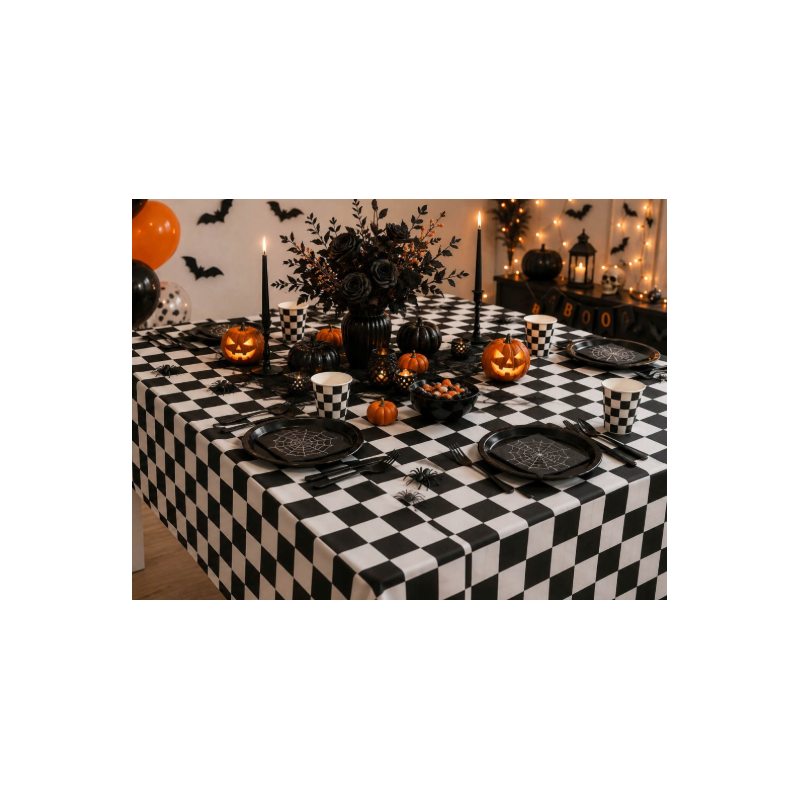 HALLOWEEN Obrus Foliowy Czarny Biały Dekoracje Ozdoby Na Stół Kratka