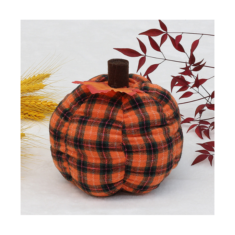 Dekoracja halloween DYNIA materiałowa 13x12 cm POMARAŃCZOWO - CZARNA KRATA
